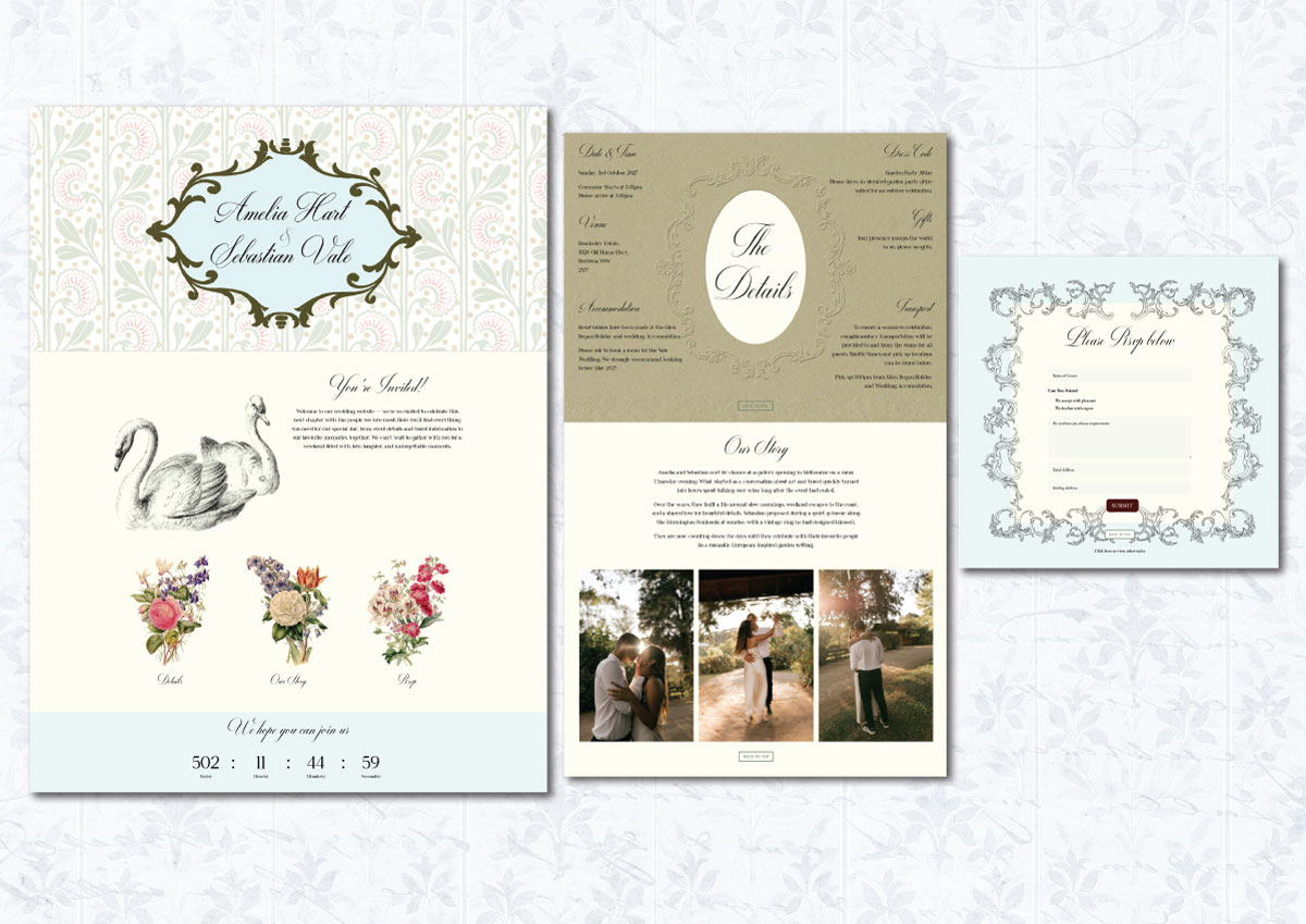 custom made wedding website with garden romance style